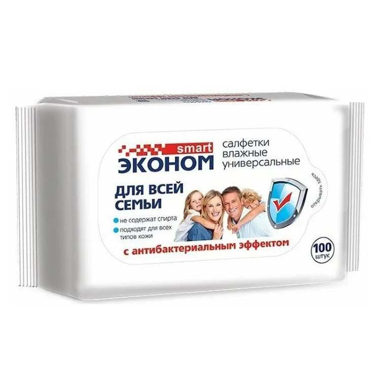 Влажные салфетки Эконом Smart N100 для всей семьи с антибактериальным эффектом Влажные салфетки Эконом Smart N100 для всей семьи с антибактериальным эффектом