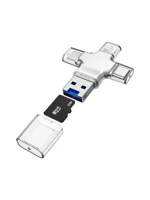 Картридер для iP Lightning/Type-C/Micro USB/USB 2.0 Borofone DHB01 4 in 1 серебро