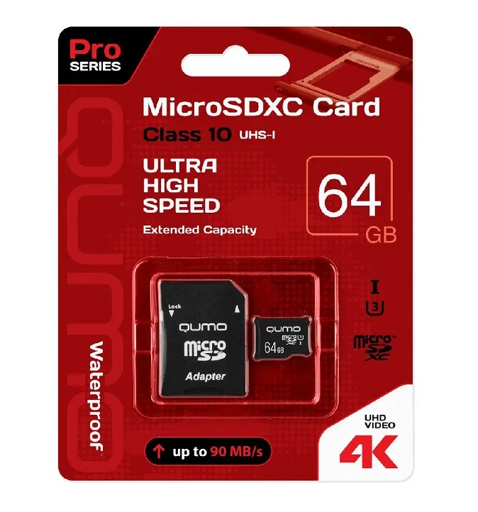 Изображение Карта памяти QUMO MicroSDXC Class 10 UHS-1 U3 Pro seria 3.0 90/45 MB/s 4K 64Gb 