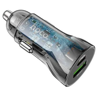 Автомобильное зарядное устройство HOCO Z47A PD 30W+QC3.0 / Type-C USB-C+USB прозрачное черное