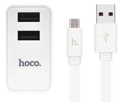 Сетевое зарядное устройство + кабель Micro USB HOCO C6 2USB 2,1A EURO плоский белый