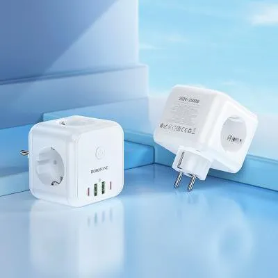 Сетевой фильтр Borofone BAC11 3 гнезда + 2 Type-C USB-C PD 40W + 2USB QC3.0 2500W белый