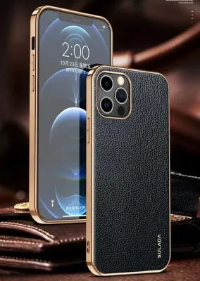 Чехол накладка для iphone 14 Pro Max (6.7) SULADA Luxury силикон+пластик под кожу черная золотой бампер
