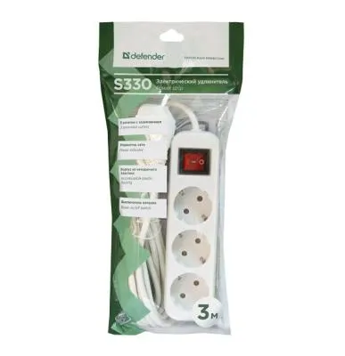 Удлинитель DEFENDER S330 с заземлением 3 гнезда 3м с выключателем белый
