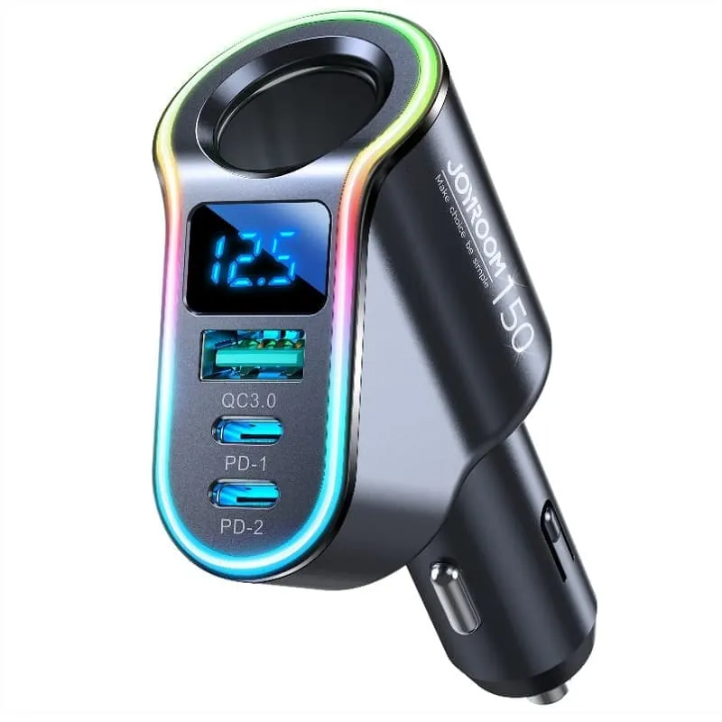 Изображение Разветвитель Joyroom JR-CL21 LED 150W 1 прикуриватель + USB QC3.0 + 2PD USB-C черный с дисплеем сайта akstel.ru фото Разветвитель Joyroom JR-CL21 LED 150W 1 прикуриватель + USB QC3.0 + 2PD USB-C черный с дисплеем