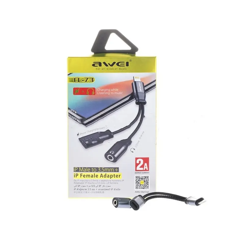 Аудио адаптер переходник для наушников iphone с Lightning на Jack 3.5 и Lightning Awei CL-73 2A черный