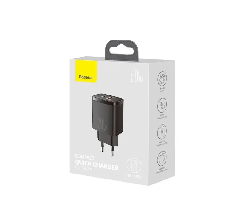 фото Сетевое зарядное устройство Адаптер Блок питания Baseus Compact PD 20W+QC3.0 / Type-C USB-C+USB черное CCXJ-B01