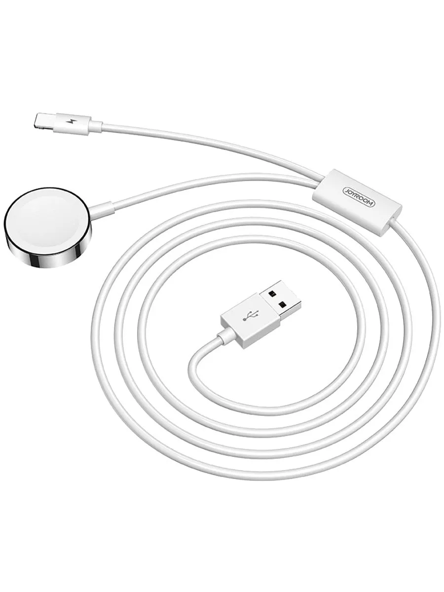 Магнитное зарядное устройство кабель для часов Apple Watch Joyroom S-IW002S 2в1 Magnetic/Lightning в USB-A 1.5м белое