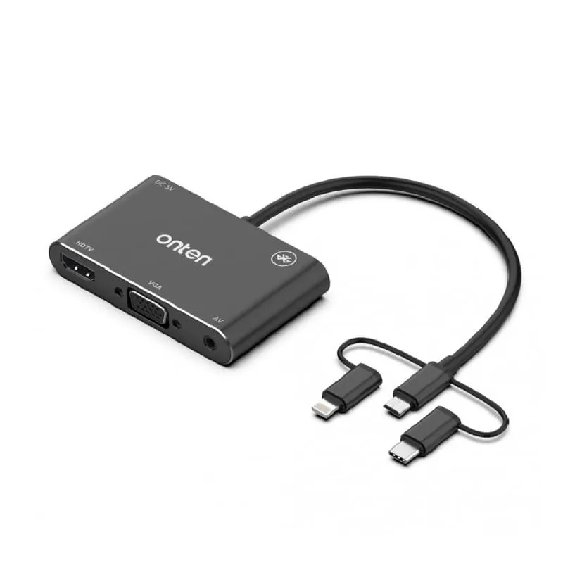 Адаптер переходник конвертер 3в1 с Lightning/Type-C/Micro USB на HDMI+VGA+AV Onten OTN-7585B черный Адаптер переходник конвертер 3в1 с Lightning/Type-C/Micro USB на HDMI+VGA+AV Onten OTN-7585B черный
