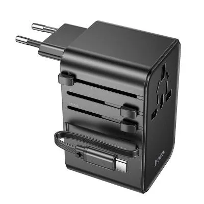 Универсальное зарядное устройство адаптер Hoco AC18 Supporter PD35W EU/US/AUS/UK 3 порта / Type-C USB-C+2USB 8A с выдвижным кабелем Type-C USB черный