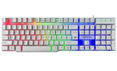 Клавиатура проводная игровая DEFENDER Neros GK-147 RU, 104 кнопки, FN, 1.8м белая, радужная подсветка Клавиатура проводная игровая DEFENDER Neros GK-147 RU, 104 кнопки, FN, 1.8м белая, радужная подсветка