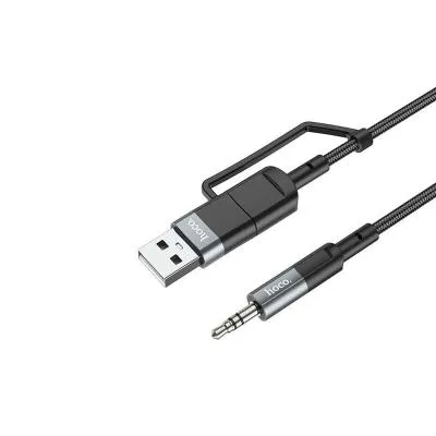 Кабель Aux Jack 3.5 - Type-C USB-C/USB 2 в 1 Hoco UPA23 1м плетеный серый металл