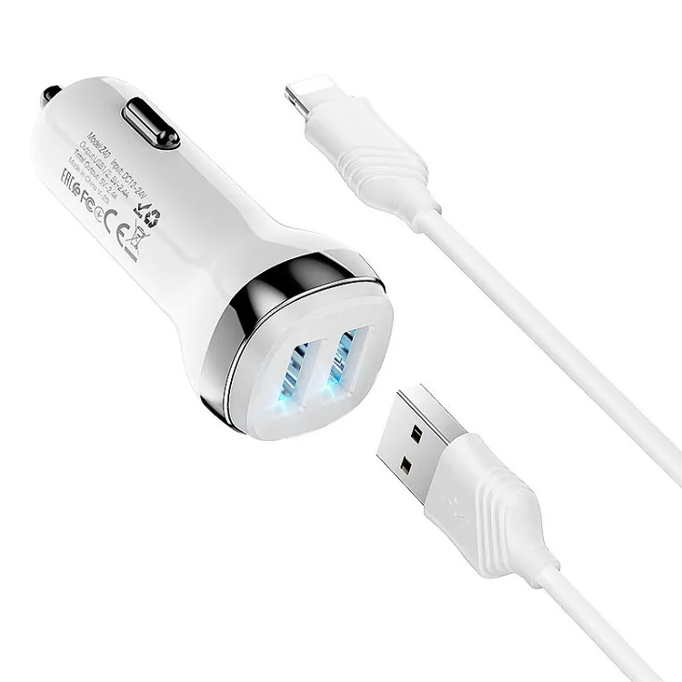 Изображение Автомобильное зарядное устройство + кабель Lightning 8 pin HOCO Z40 2USB 2,4A белый фото Автомобильное зарядное устройство + кабель Lightning 8 pin HOCO Z40 2USB 2,4A белый