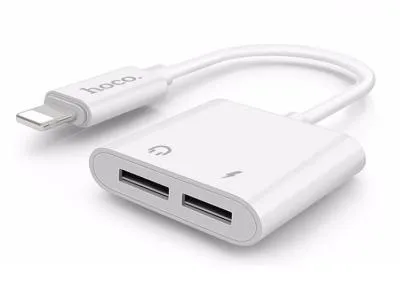 Аудио адаптер переходник для наушников iphone с Lightning на 2 Lightning Hoco LS5 белый