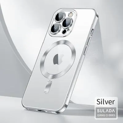 Чехол накладка для iphone 14 Pro Max (6.7) SULADA Qiang Ci силикон прозрачная серебряный бампер с магнитом защита линз