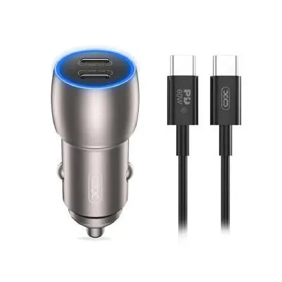 Автомобильное зарядное устройство + кабель Type-C to Type-C xomobile CC51 2xPD 40W серый металл