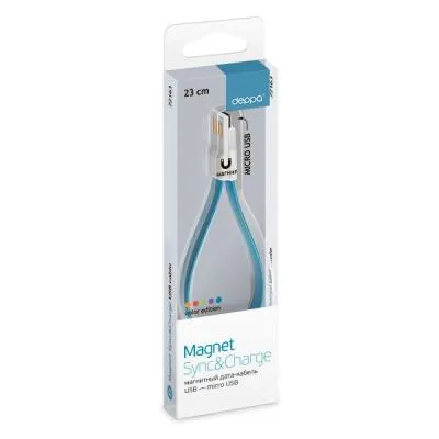 Кабель для зарядки Micro USB Deppa 0,23м плоский магнит голубой