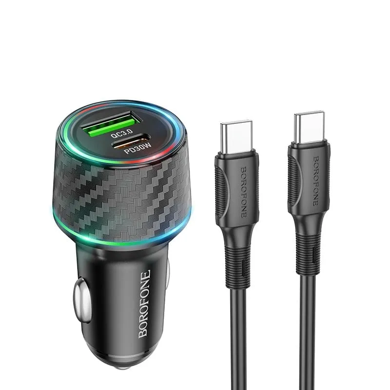 Изображение Автомобильное зарядное устройство + кабель Type-C to Type-C Borofone BZ21 48W PD 30W+QC3.0 1м черное фото Автомобильное зарядное устройство + кабель Type-C to Type-C Borofone BZ21 48W PD 30W+QC3.0 1м черное