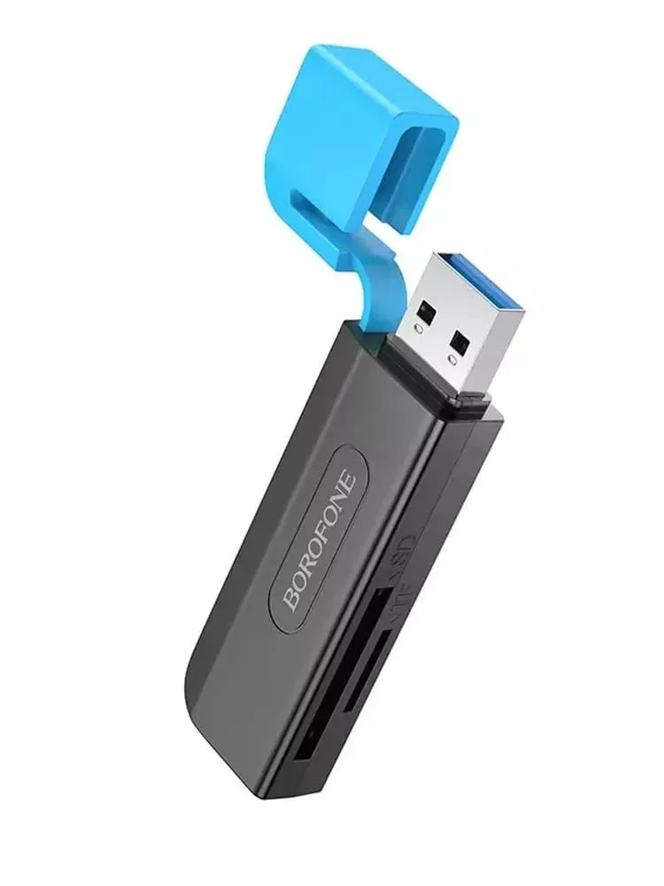 Картридер Borofone DH9 2 в 1 USB 3.0 на SD+TF3.0 черный с синим колпачком Картридер Borofone DH9 2 в 1 USB 3.0 на SD+TF3.0 черный с синим колпачком