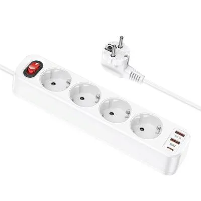 Сетевой фильтр HOCO NS1 4 гнезда + 2USB QC3.0 + PD 20W Type-C USB-C 1.8м белый