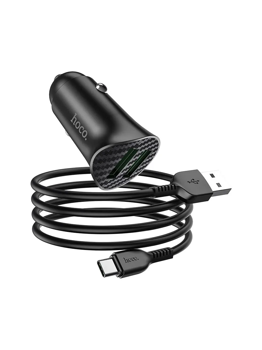 фото Автомобильное зарядное устройство + кабель Type-C USB HOCO Z39 QC3.0 2USB 18W 1м черный
