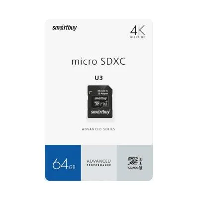 Карта памяти Smartbuy Micro SDXC U3 V30 A1 Advanced Class 10 UHS-3 R/W 90/55MB/s 64Gb  Карта памяти Smartbuy Micro SDXC U3 V30 A1 Advanced Class 10 UHS-3 R/W 90/55MB/s 64Gb