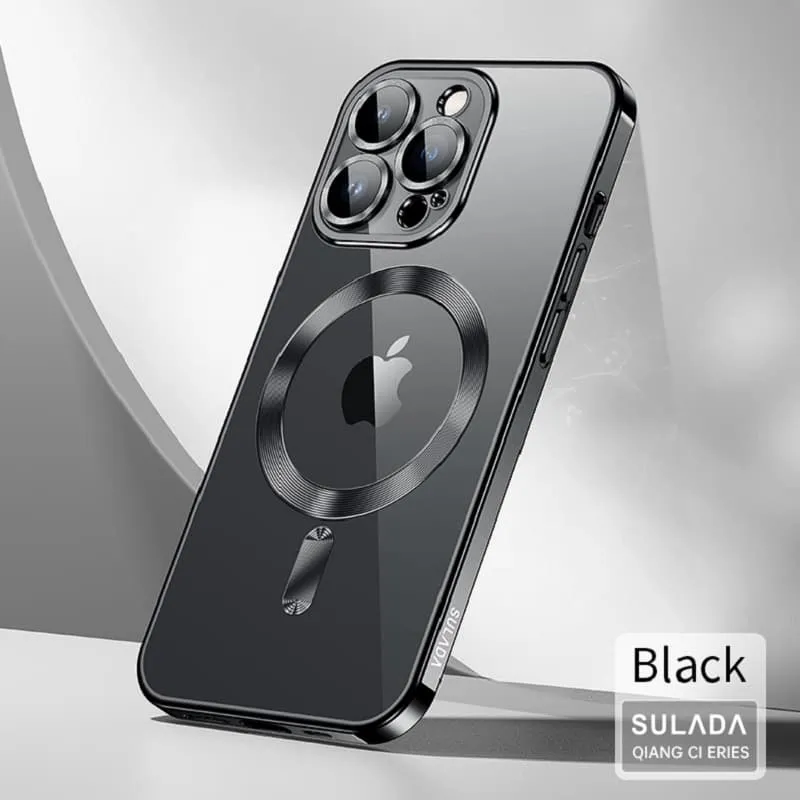 фото Чехол накладка для iphone 14 Pro Max (6.7) SULADA Qiang Ci силикон прозрачная, черный бампер с магнитом, защита линз