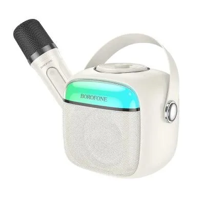 Колонка Borofone BP15 LED Mini Karaoke BT Блютуз с микрофоном караоке молочно-белая 1500mAh