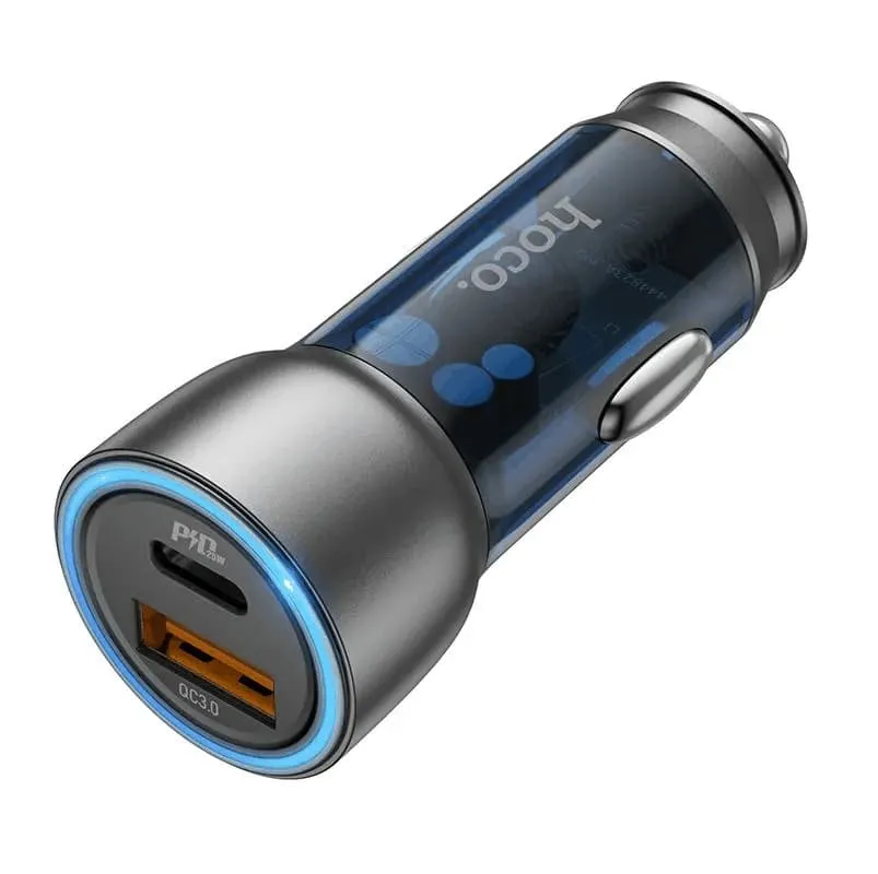 фото Автомобильное зарядное устройство HOCO NZ8 43W PD 25W+QC3.0 / Type-C USB-C+USB прозрачный темно-синий