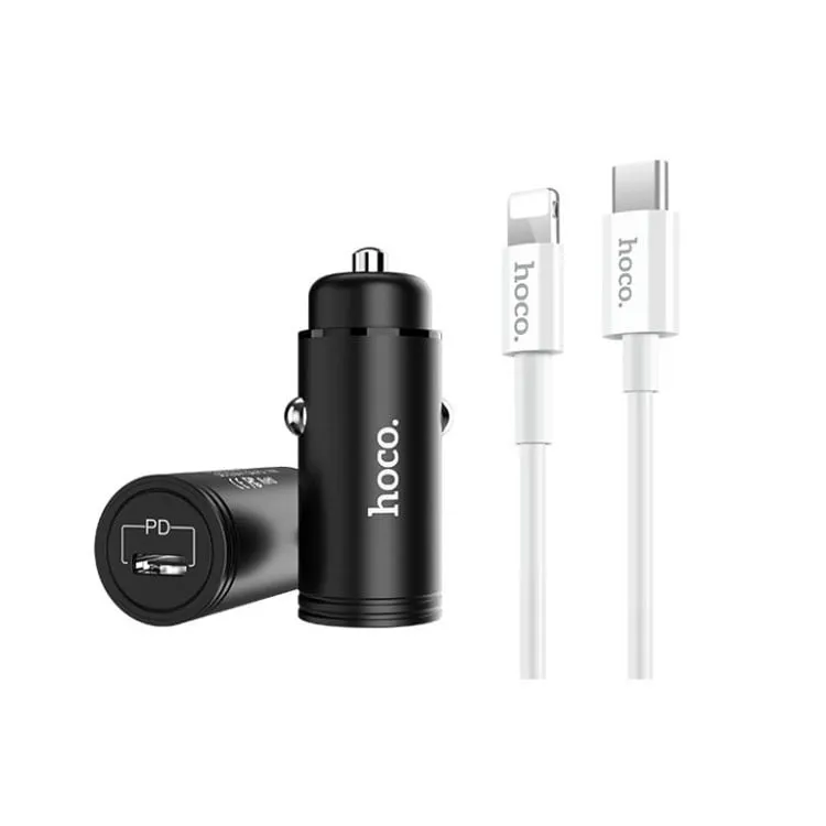 фото Автомобильное зарядное устройство + кабель Type-C to iphone lightning 8 pin HOCO Z19 PD QC 2.0/3.0 черно-белый