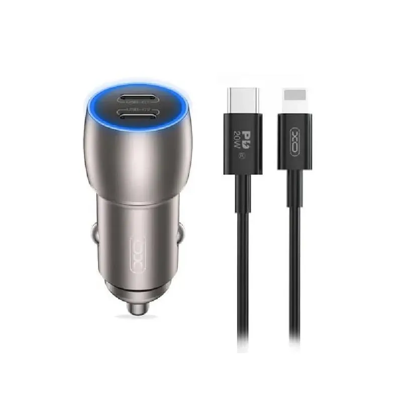фото Автомобильное зарядное устройство + кабель Type-C to iphone lightning 8 pin xomobile CC51 2xPD 40W серый металл