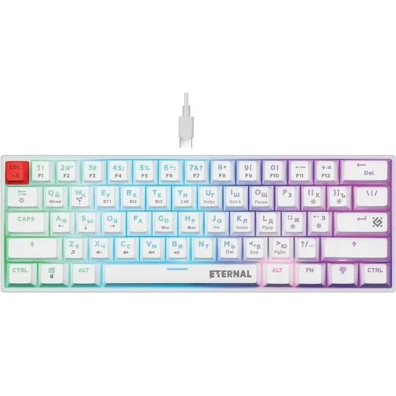 Клавиатура беспроводная/проводная механическая DEFENDER Eternal GK-019 USB RU 3в1 61 кнопка RGB белая Клавиатура беспроводная/проводная механическая DEFENDER Eternal GK-019 USB RU 3в1 61 кнопка RGB белая