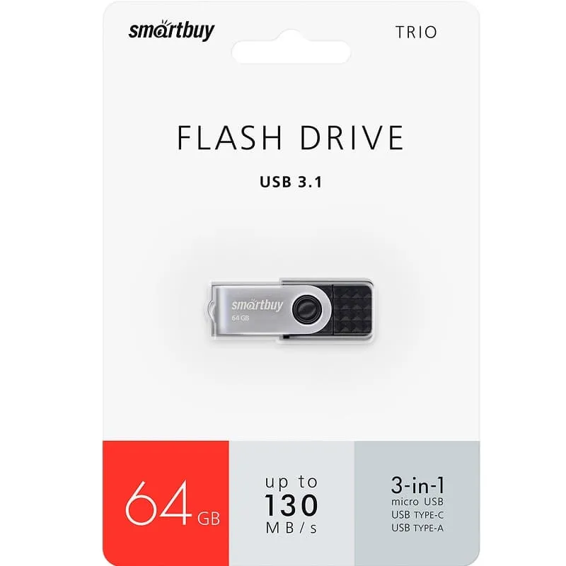 Изображение Флеш-накопитель Smartbuy TRIO 3in1 OTG USB 3.0+USB Type-C+Micro USB 64Gb Изображение Флеш-накопитель Smartbuy TRIO 3in1 OTG USB 3.0+USB Type-C+Micro USB 64Gb
