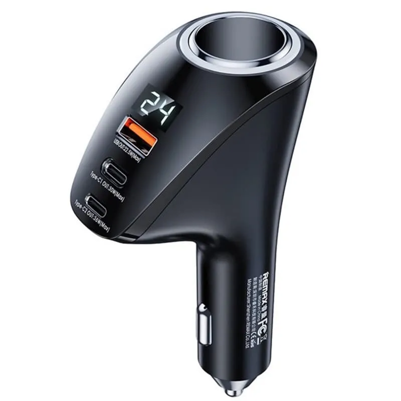 Изображение Разветвитель Remax RCC339 LED 88.5W 1 прикуриватель + USB QC3.0 + 2PD USB-C черный с дисплеем сайта akstel.ru фото Разветвитель Remax RCC339 LED 88.5W 1 прикуриватель + USB QC3.0 + 2PD USB-C черный с дисплеем