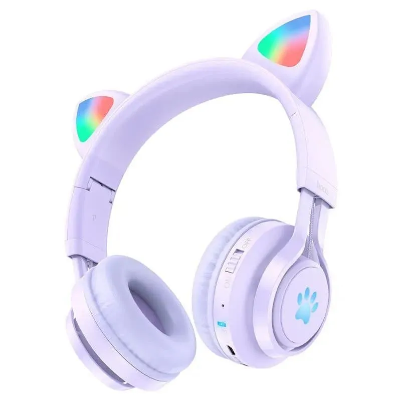 Изображение Наушники беспроводные накладные HOCO W39 Cat ear kids с ушками фиолетовые фото Наушники беспроводные накладные HOCO W39 Cat ear kids с ушками фиолетовые