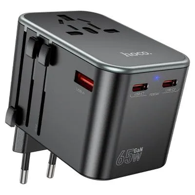 Универсальное зарядное устройство адаптер Hoco AC17 Supporter PD65W EU/US/AUS/UK 3 порта / 2Type-C USB-C+USB QC18W черный