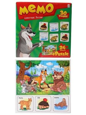 Настольная игра Мемо 2в1 Животные России 30 фишек + пазлы 24 элемента Рыжий кот