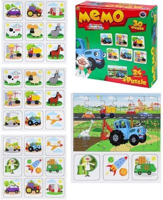 Настольная игра Мемо 2в1 Синий трактор 30 фишек + пазлы 24 элемента Рыжий кот
