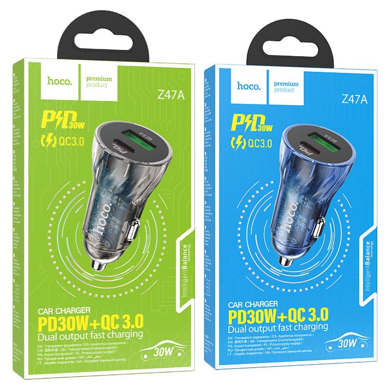 фото Автомобильное зарядное устройство HOCO Z47A PD 30W+QC3.0 / Type-C USB-C+USB прозрачное черное