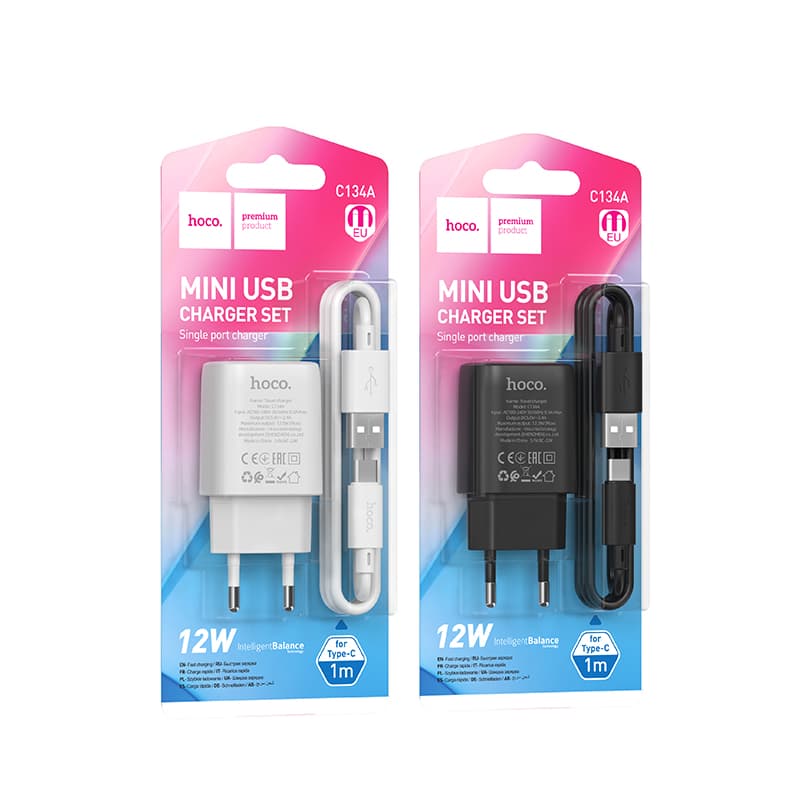фото Сетевое зарядное устройство + кабель Type-C HOCO C134A 1USB 12W 2.4A 1м белый