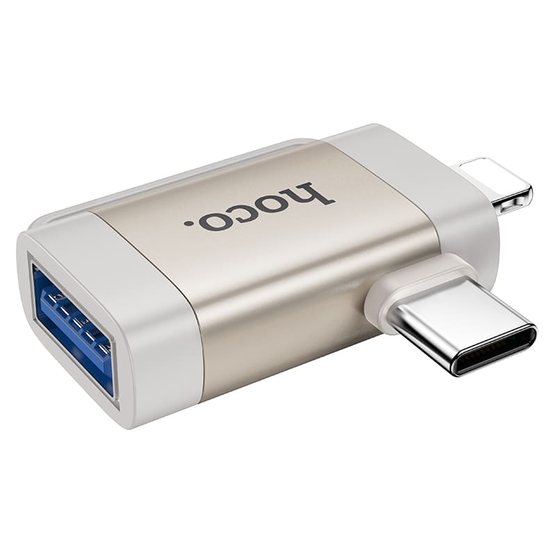 Адаптер переходник OTG 2в1 с Lightning (M)/Type-C USB (M) на USB 2.0 (F) Hoco UA31F серый