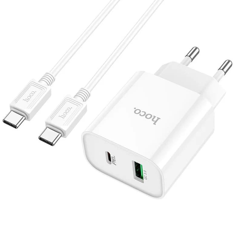 фото Сетевое зарядное устройство + кабель Type-C to Type-C HOCO C80A Plus PD 20W+QC3.0 3A белый