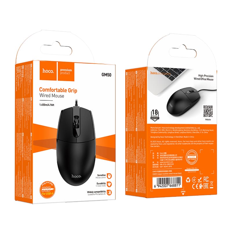 Мышь проводная Hoco GM50 3 кнопки 1000dpi черная