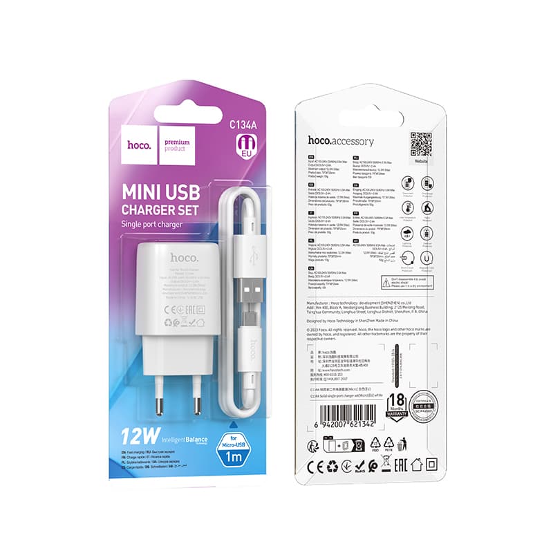 фото Сетевое зарядное устройство + кабель Micro USB HOCO C134A 1USB 2.4A 12W 1м белый