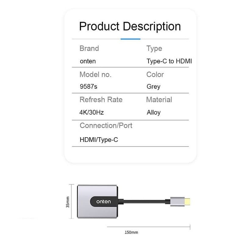 Адаптер переходник конвертер с Type-C USB на HDMI 4K Ultra HD Onten OTN-9587S серый