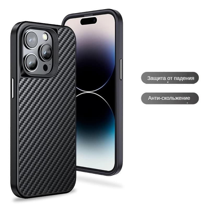 фото Чехол накладка для iphone 15 Pro Max (6.7) силикон+пластик карбон с магнитом для magsafe черная