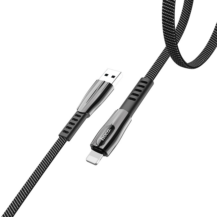 Кабель для зарядки iphone Lightning HOCO U70 LED 2.4А 1.2м плоский в нейлоновой оплетке темно-серый Кабель для зарядки iphone Lightning HOCO U70 LED 2.4А 1.2м плоский в нейлоновой оплетке темно-серый