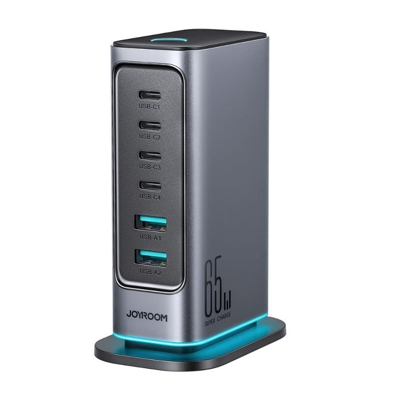 фото Сетевое зарядное устройство Адаптер Блок питания Joyroom JR-TCM02 65W GaN Multi-port PD 4Type-C USB-C+2USB настольный 1.5м темно-серый