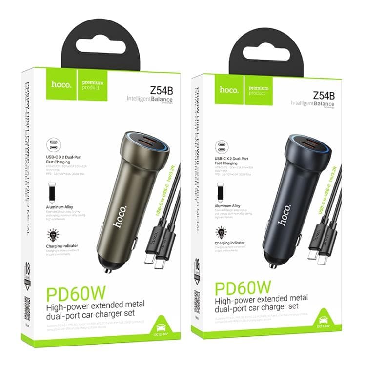 фото Автомобильное зарядное устройство + кабель Type-C to Type-C HOCO Z54B PD 60W 2 Type-C USB-C 3A 1м серый металл