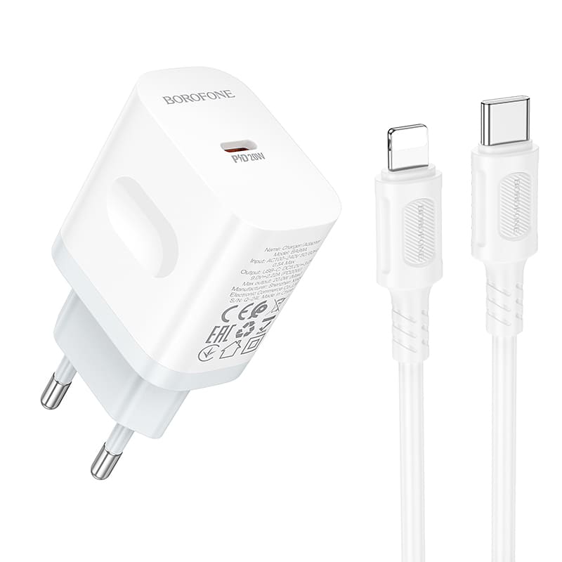 фото Сетевое зарядное устройство + кабель для iphone Lightning to Type-C Borofone BA99A PD 20W 1м белый